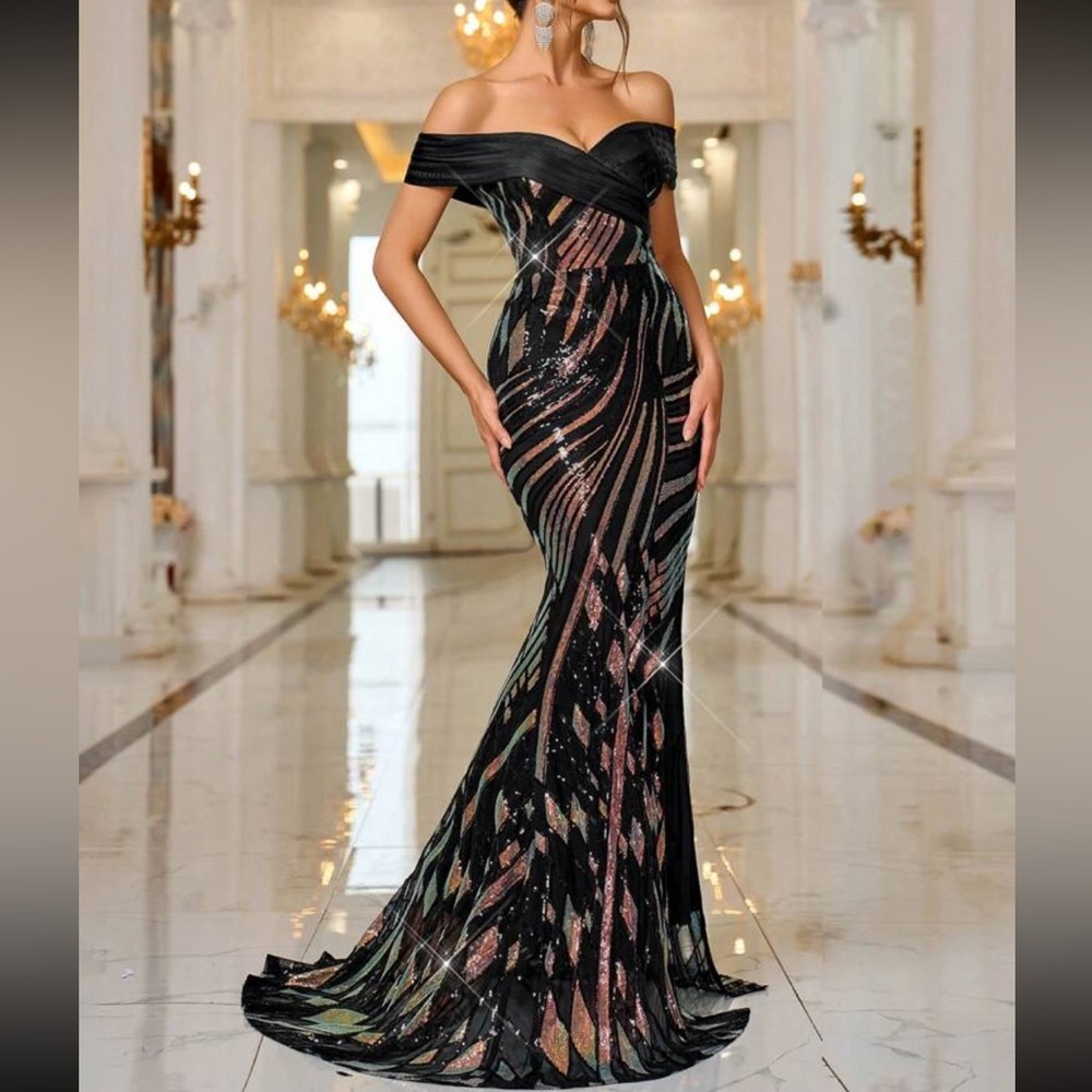 Luxe black off shoulder mermaid hem sequins party formal evening gown dress